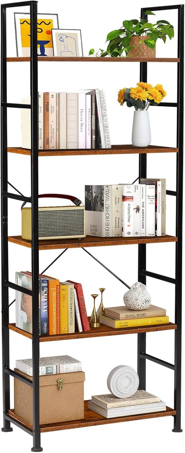 Sweetcrispy 5-Tier Industrial Bookshelf, Rustic Wood and Metal Bookcase with Open Shelves, 62.2-Inch Tall Storage Rack for Living Room, Home Office, Bedroom, Display and Organization, Brown