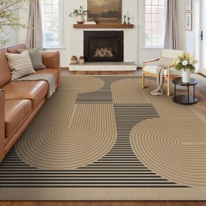 8×10 Modern Geometric Easy Jute Area Rug for Living Room Large Washable Indoor Outdoor Carpet Farmhouse Patio Office Mat Geometric Line Non Slip Black Carpet for Backyard Dining Room