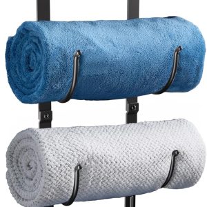 Bathroom Rolled Towel Rack: 4-Tier Wall Mounted Towel Storage Holder, Hanging Organizer for Towels, Blankets, Large Bath Sheets, Space Saving in RV, Closet, Toilet, Cabinet, Black Metal