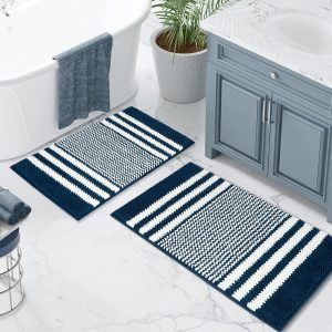 Tindbea Bathroom Rugs Set 2 Piece, Extra Soft and Absorbent Fluffy Striped Chenille Bath Mat Rug Set, Non Slip Bathroom Floor Mat, Machine Washable (20″ x 32″ Plus 16″ x 24″, Navy Blue)