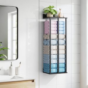 Towel Holder for Bathroom Wall, Towel Storage Towel Rack Wall Mounted, Black Towels Organizer Shelf for Rolled Towels, 34inch Modern Storage Rack Organizer for RV
